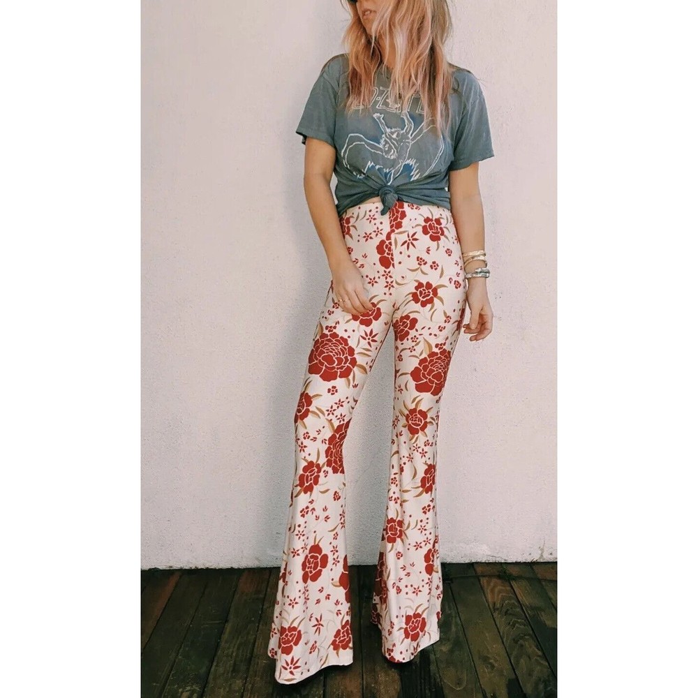 Novella Royale  Women Janis Red Floral Bell Bottoms Spandex Pants Size X-Small